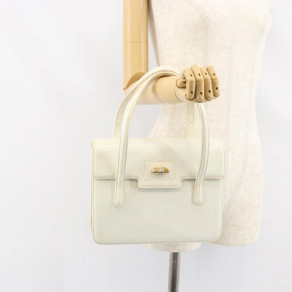 Gucci Hand Bag Leather White Gold Auth 154583